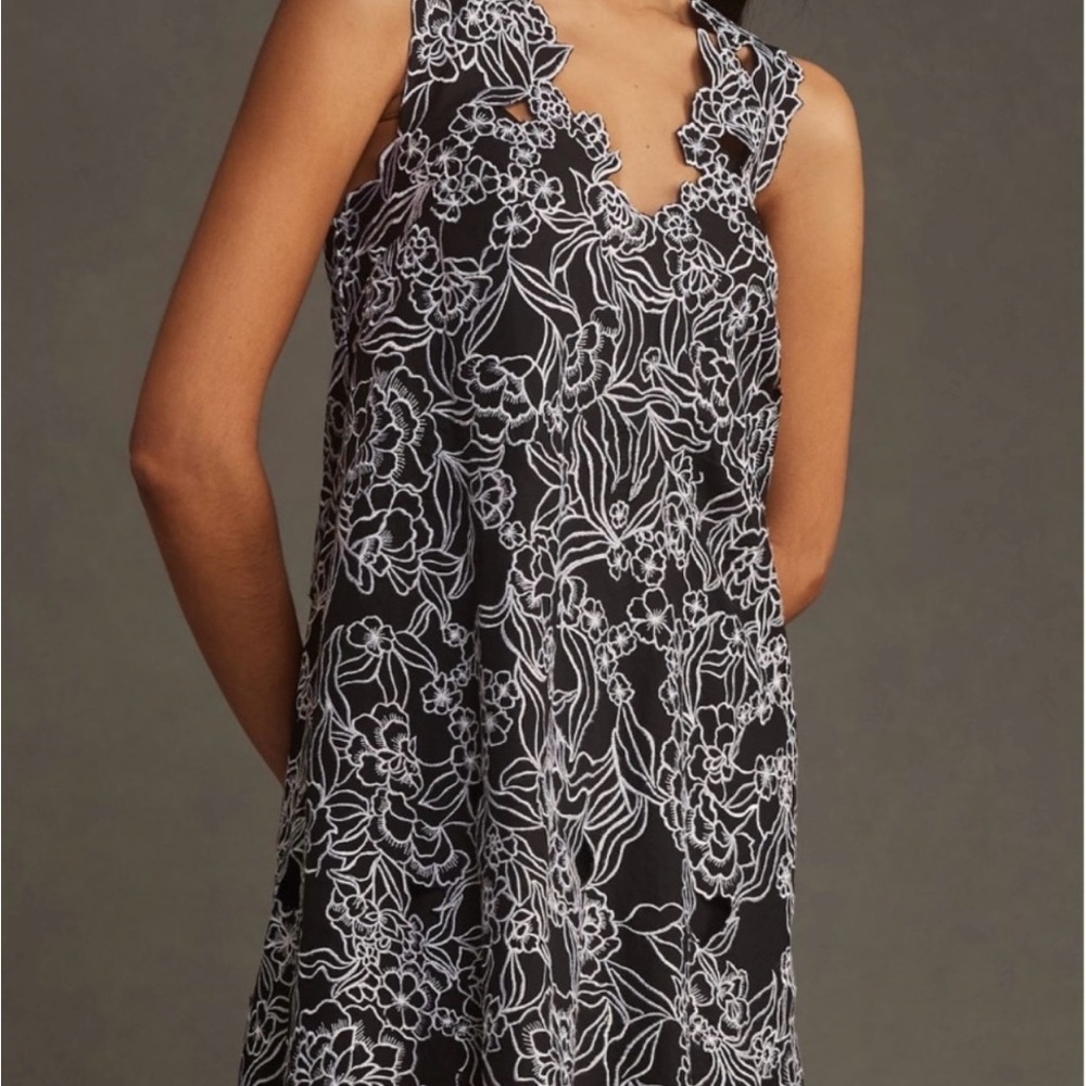 Anthropologie Black Dress with White Floral Embroidery